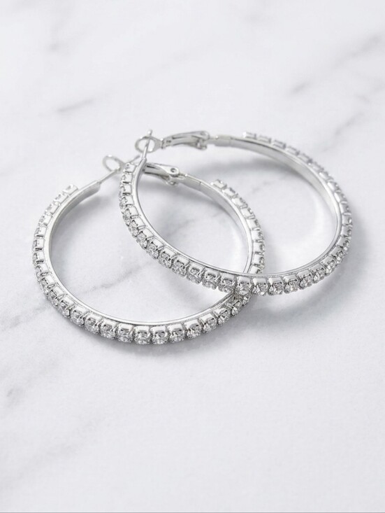 Jewelry - Silver Crystal Hoop Earrings — Sparkling Pavé Accent